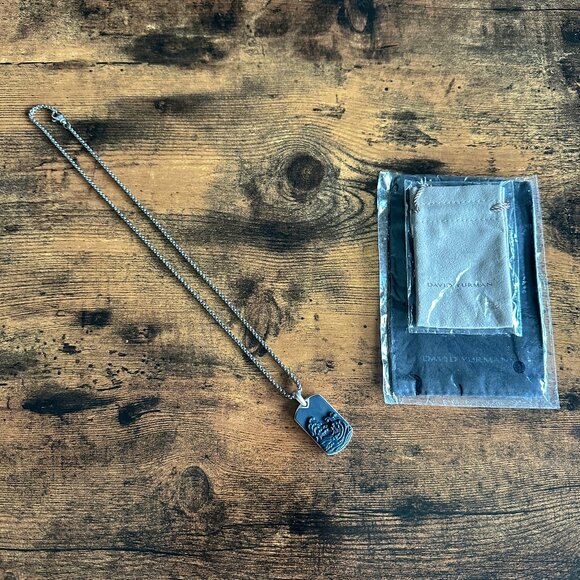 David Yurman Waves Dog Tag w/ Carved Agate & DY Small Box Chain Necklace 22" - Picture 2 of 13